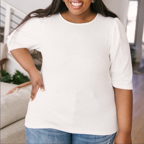 White Puff Sleeve Blouse Basic Knit Soft Stretchy - Picture 10 of 14